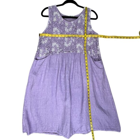 100% Lino Made in Italy Lilac Linen Midi Dress w/ Lace Top & Pockets - Picture 10 of 10